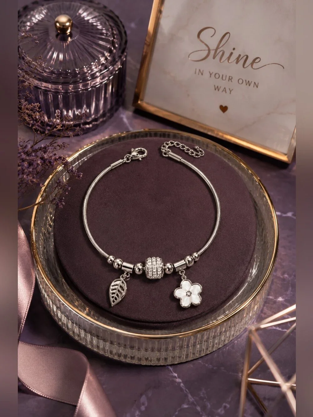 Silver Charm Bracelet with Crystal Bead, Flower & Leaf Charms | Adjustable Stain